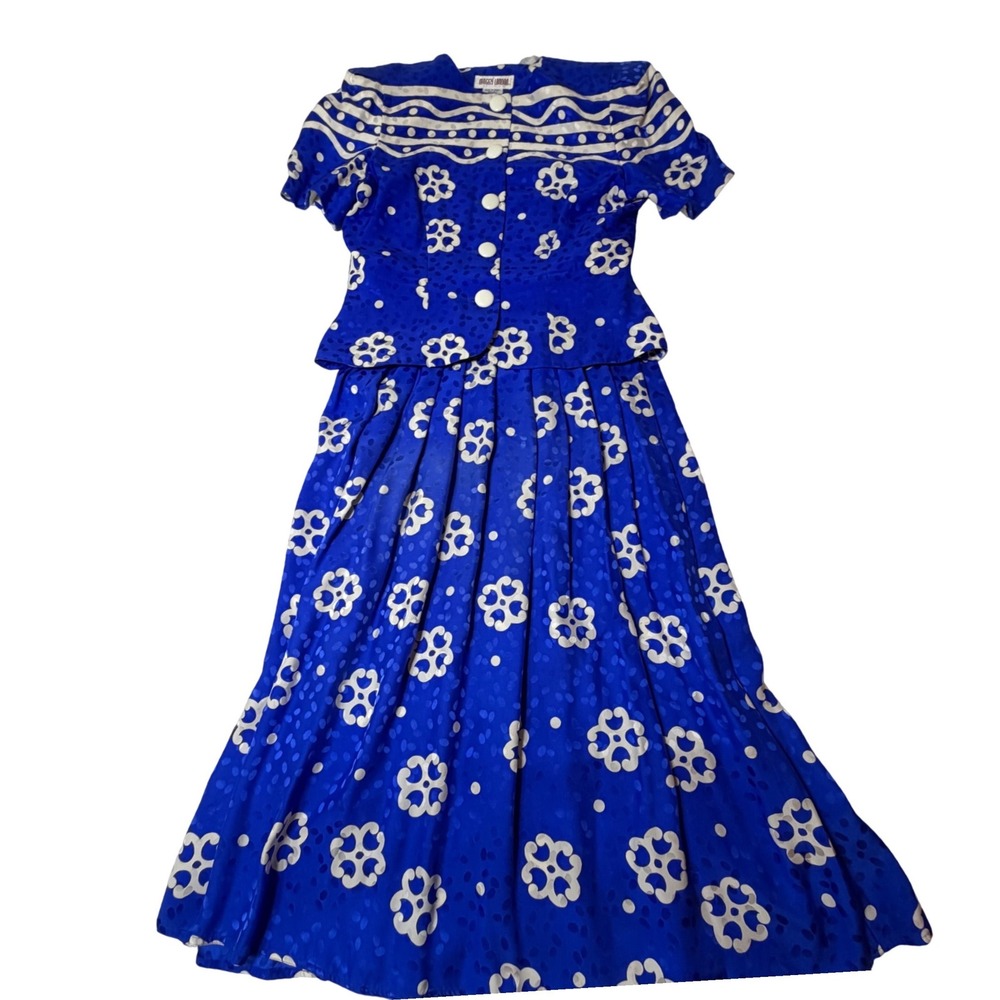 Maggy London Vintage 100% Silk 2 Piece Skirt Set Blue White Floral Jacquard Sz 8
